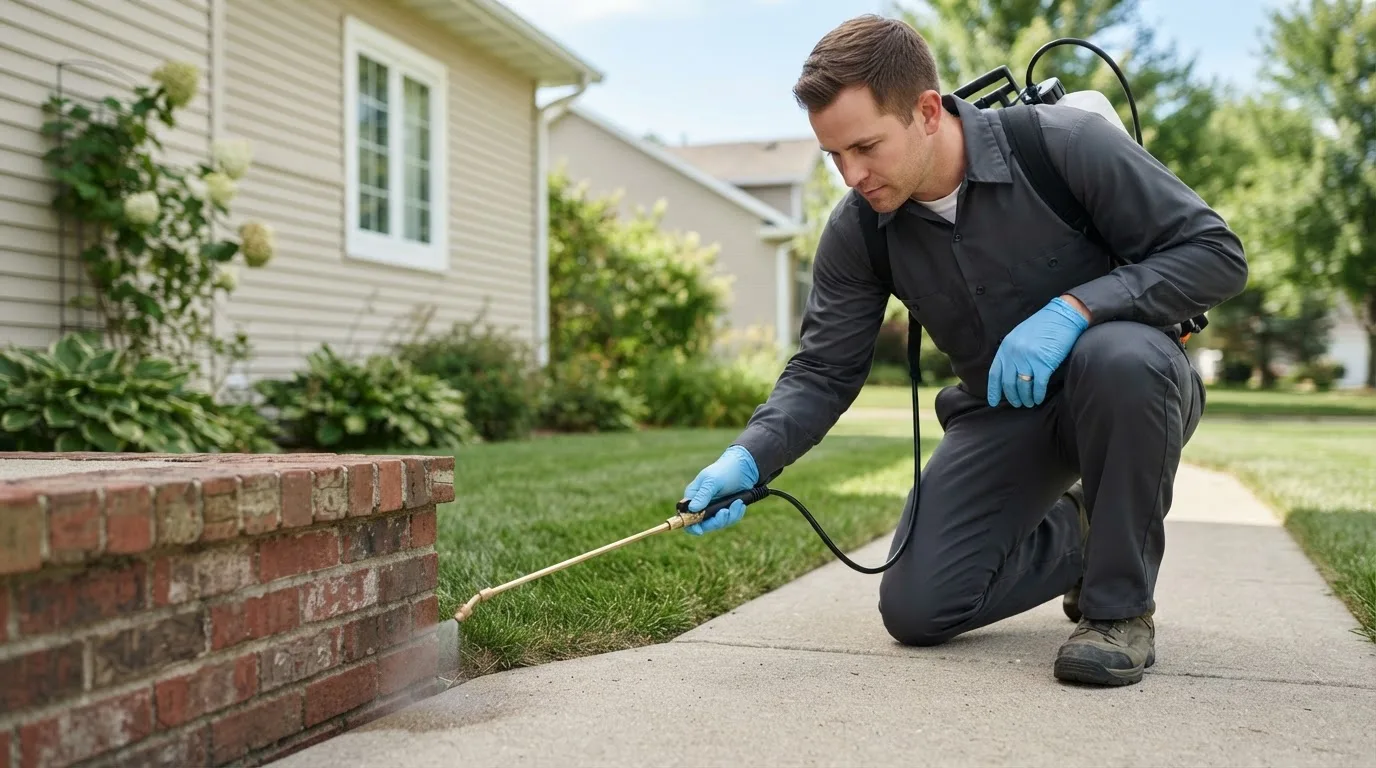 Pest control technician treating a home near Holcomb, IL