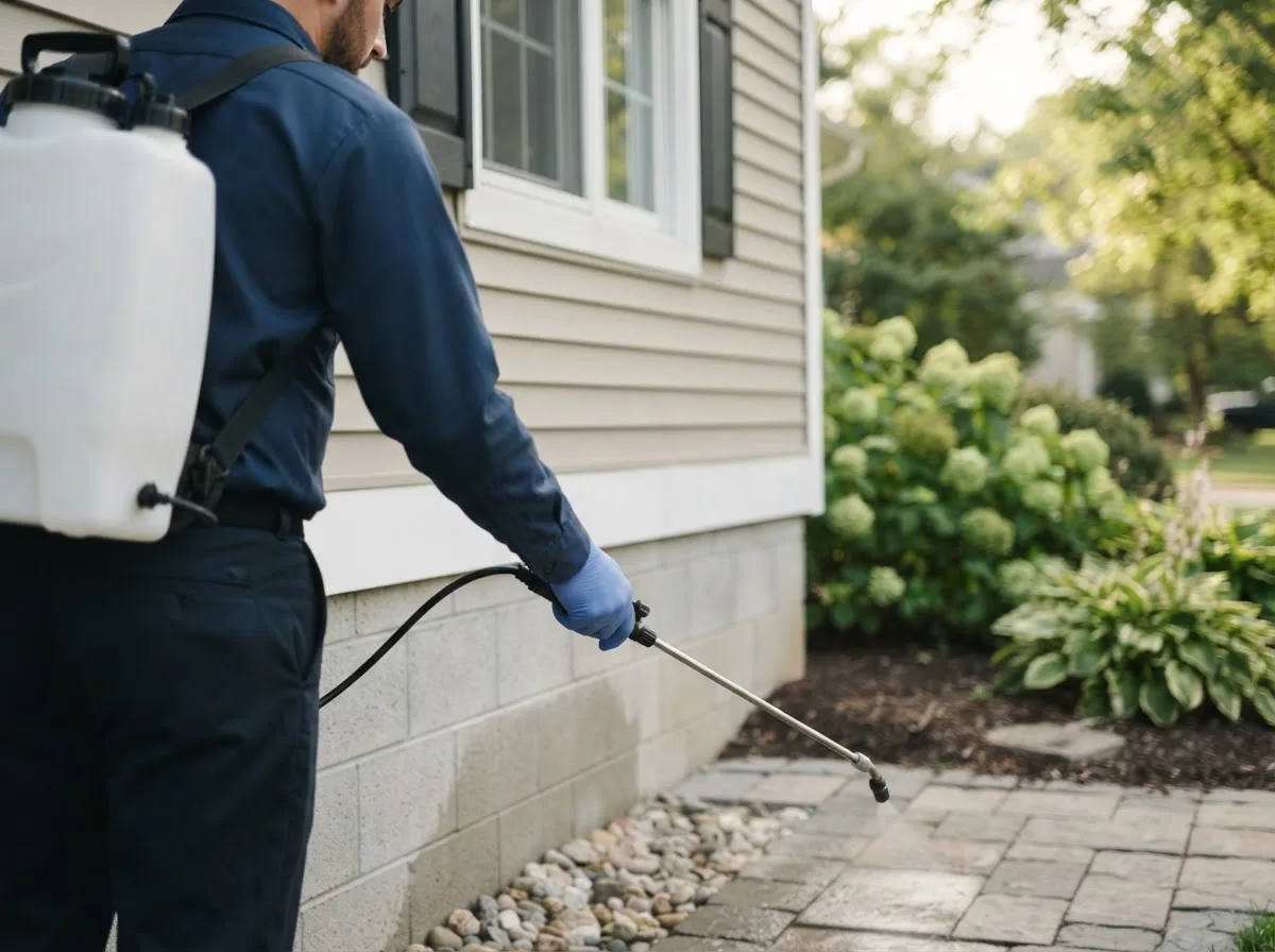Pest control technician inspecting a home in Holcomb, IL